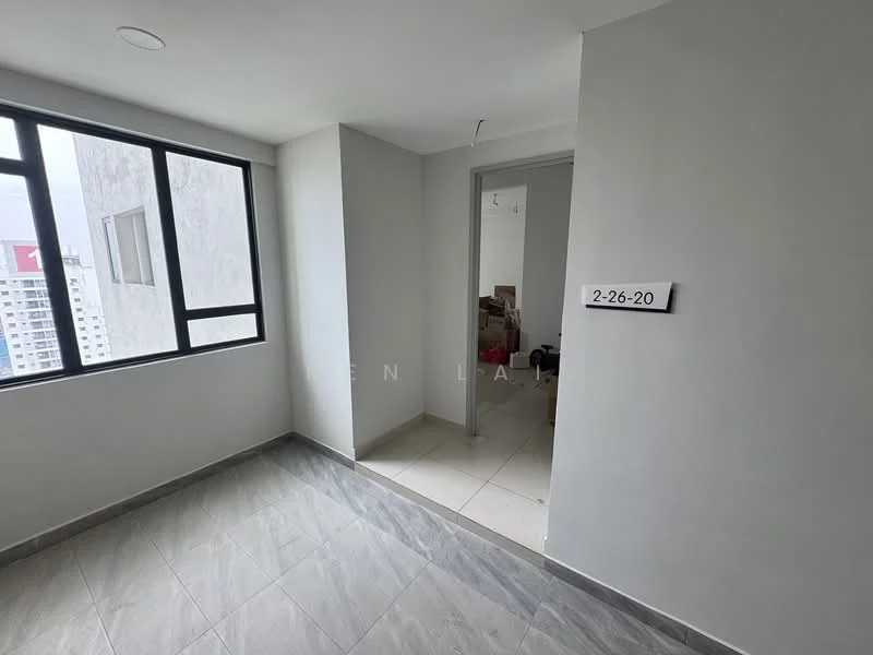 Room features: grey tiled flooring, white painted walls, large windows, doorway leading to another room, ceiling light fixture, corner of the room with no visible furniture, numbered door sign; style: modern; view: city.