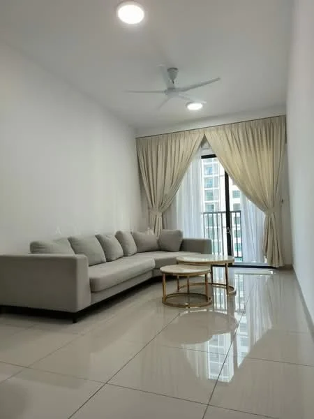 Living features: 3-seater fabric sofa in light grey, coffee table with round top, floor-to-ceiling windows, sliding glass door, sheer curtains, white painted walls, polished ceramic tile flooring, 5-blade ceiling fan with light, balcony view; style: modern; view: city.