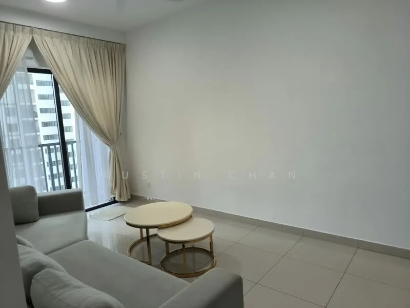 Living features: grey fabric sofa, two round coffee tables with gold frames, white painted walls, glossy beige tile flooring, floor-to-ceiling windows, sheer curtains, balcony access, recessed ceiling lights; style: modern; view: city.