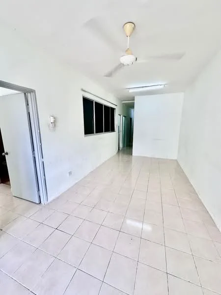Room features: white painted walls, glossy ceramic tile flooring, ceiling fan, large windows, doorway leading to another room, natural light from windows, neutral color scheme, open layout; style: minimalist.