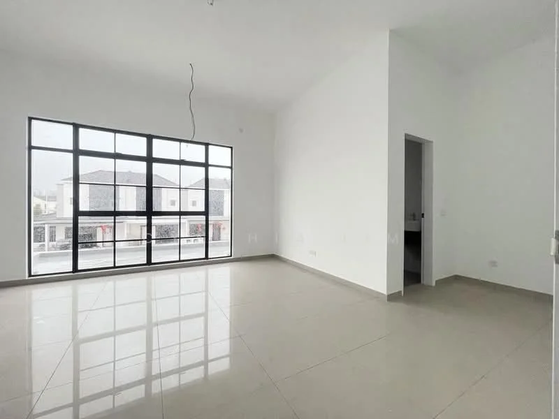 Living features: large floor-to-ceiling windows, white painted walls, grey tiled flooring, no visible ceiling fixtures, open layout, natural light from windows, minimalist design, neutral color palette; style: modern; view: street. Room features: doorway leading to another room, grey tiled flooring, white painted walls.