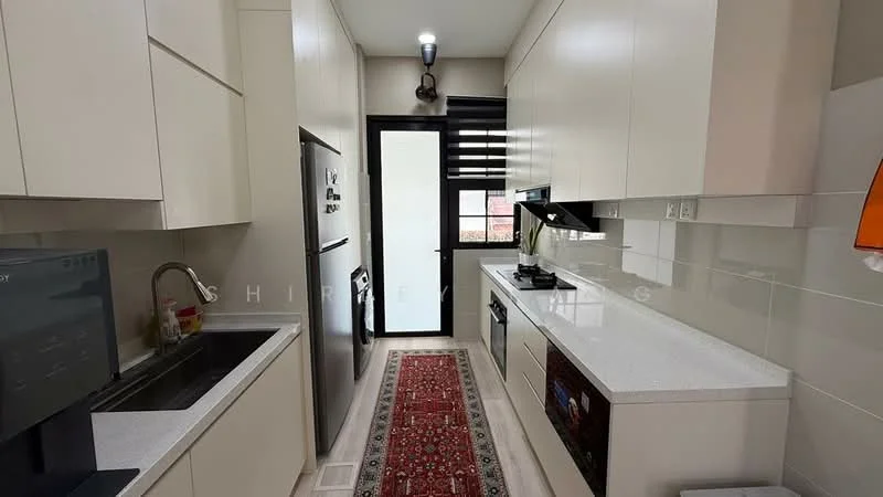 Kitchen features: white cabinetry, black countertop, single-bowl stainless-steel sink, chrome pull-down faucet, built-in gas stove, built-in oven, stainless-steel fridge, wall-mounted range hood, recessed downlights, tile backsplash, ceramic tile flooring, window with black frame, decorative rug; style: modern.