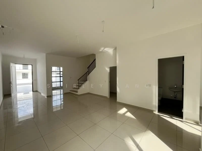 Room features: white painted walls, glossy ceramic tile flooring, staircase with black railing, large windows allowing natural light, door leading outside, door leading to bathroom, high ceiling, recessed lighting; style: modern.