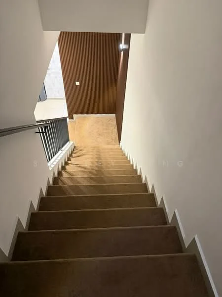 Room features: staircase with wooden steps, white painted walls, wood paneling on one wall, handrail, recessed lighting, neutral flooring, open space at the top of the stairs; style: modern; view: stairwell.