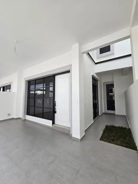 Room features: white painted walls, grey tile flooring, large glass windows, main entrance door, open layout, natural light from skylight, grass patch, corner wall; style: modern.