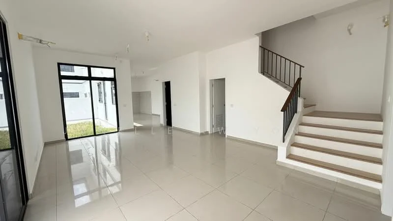 Room features: large floor-to-ceiling windows, white painted walls, polished ceramic tile flooring, staircase with wooden steps and metal railing, open layout, natural light, high ceiling, access to outdoor area; style: modern; view: garden.