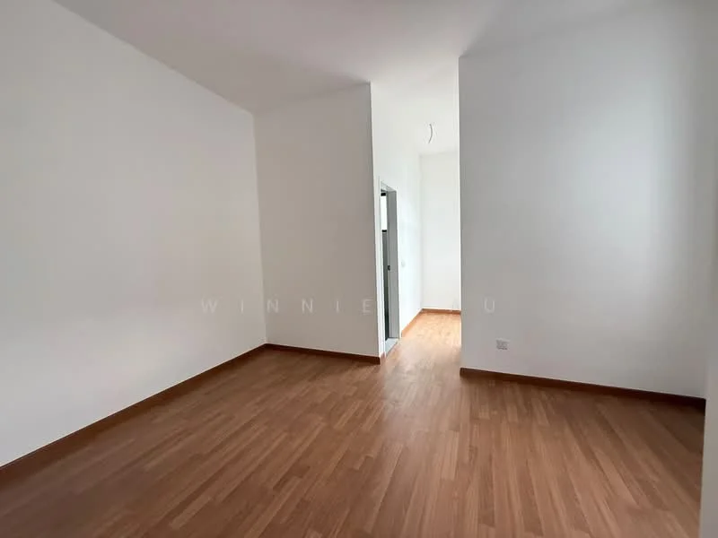 Room features: light wood laminate flooring, white painted walls, no visible furniture, single light fixture on ceiling, doorway leading to another room; style: minimalist.