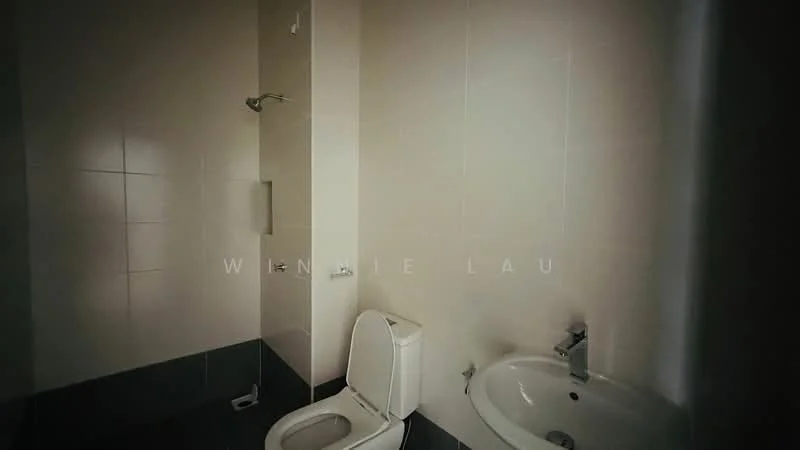 Bathroom features: white tiled walls, grey tiled flooring, walk-in shower with glass partition, chrome shower head, one-piece toilet, bidet spray, round sink, chrome faucet; style: modern.