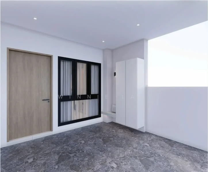 Room features: grey marble flooring, white painted walls, wooden door, black framed window with vertical slats, built-in white cabinet, recessed downlights, natural light from window; style: modern.