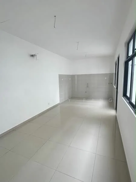 Room features: white painted walls, grey tiled flooring, large windows, ceiling lights, open layout, no visible furniture, neutral color scheme, minimalist design; style: modern.
