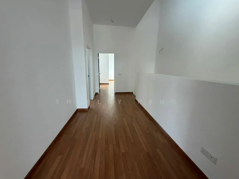 Room features: wooden flooring, white painted walls, high ceiling, doorway leading to another room, natural light from windows, minimalist design; style: modern.