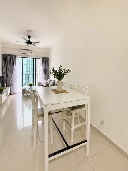 Dining features: white dining table, 4 white high stools, light grey curtains, floor-to-ceiling windows, white walls, polished ceramic tile flooring, ceiling fan, decorative plant on table, open layout to living area; style: modern; view: city.