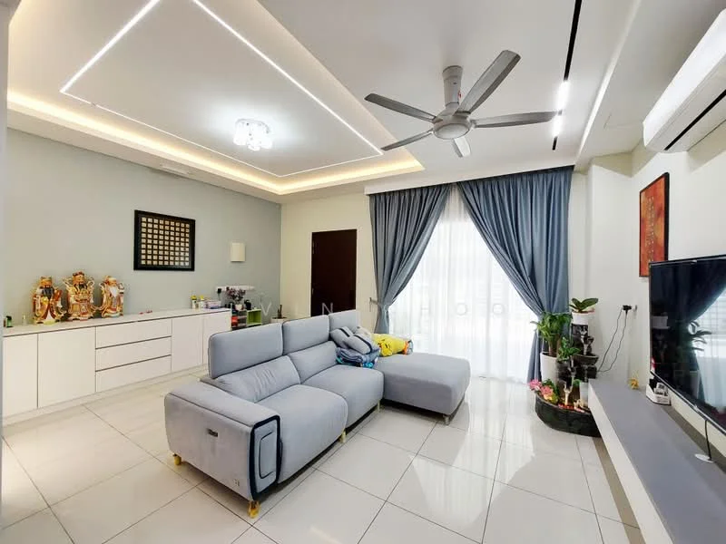 Living features: grey fabric L-shape sectional sofa, white wall-mounted TV unit, wall-mounted TV, recessed ceiling lights, 5-blade ceiling fan with light, white painted walls, large sliding glass door, floor-to-ceiling curtains in blue, marble tile flooring, decorative plants, framed artwork on wall, console table with decorative items; style: modern; view: garden.