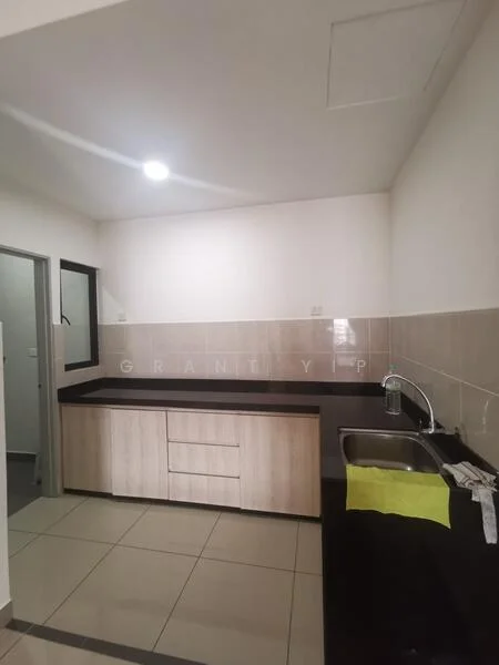 Kitchen features: black granite countertop, light wood cabinetry, single-bowl stainless-steel sink, chrome pull-down faucet, ceramic tile flooring, white painted walls, recessed downlights, window with black frame, kitchen towel on countertop; style: modern.