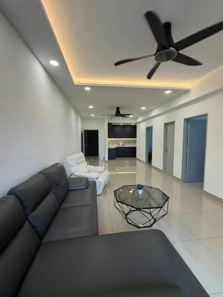 Living features: 3-seater leather sofa in black, 2-seater recliner sofa in white, glass coffee table with geometric base, recessed LED downlights, ceiling fan with 3 blades, light-colored tiled flooring, white painted walls, open layout to kitchen area, wall-mounted TV (not visible), doorway to other rooms; style: modern.