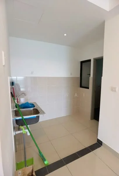 Laundry features: single-bowl stainless-steel sink, chrome pull-down faucet, white tiled walls, cream tiled flooring, recessed downlights, window for natural light, cleaning supplies storage box, squeegee, mop, broom; style: modern.