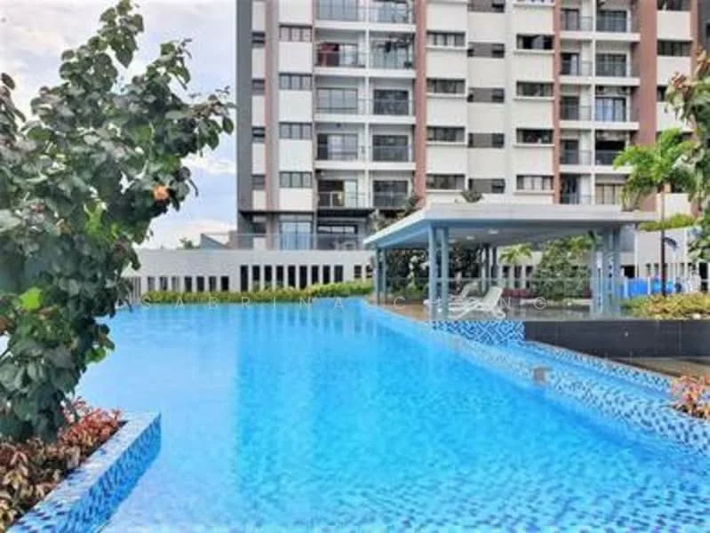 Exterior type: high-rise condominium; features: infinity pool, pool deck with loungers, landscaped garden, tropical landscaping, manicured lawn, modern facade, balconies on upper floors, glass curtain wall, surrounded by greenery; style: modern.