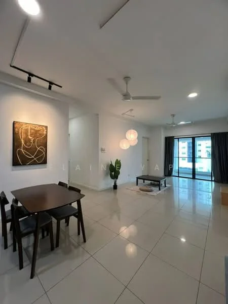 Living features: white painted walls, glossy tile flooring, 5-blade ceiling fan with light, recessed downlights, floor-to-ceiling windows, sliding glass door, curtains, decorative wall art, dining table with four chairs, coffee table, indoor plant; style: modern; view: city.