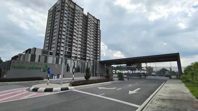 Exterior type: high-rise condominium; features: modern facade with grey cladding, approximately 15-storey high-rise, main entrance with covered drop-off area, landscaped driveway, manicured greenery along the entrance, visible parking area, signage with building name, surrounded by urban context; style: modern.