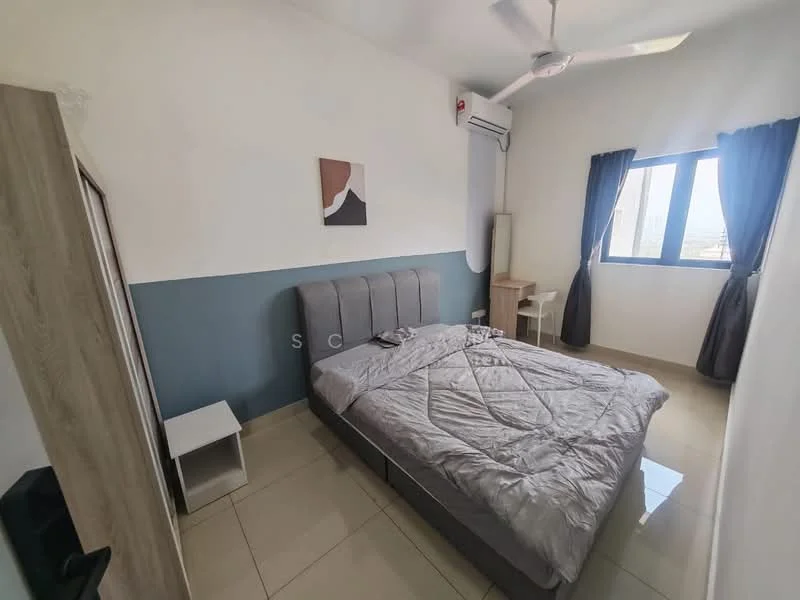 Bedroom features: queen-size bed with grey upholstered headboard, grey bedding, 2 bedside tables, 1 wall-mounted air conditioning unit, floor-to-ceiling window, blackout curtains, light-colored walls, accent wall in dark grey, ceiling fan, tile flooring; style: modern; view: city.