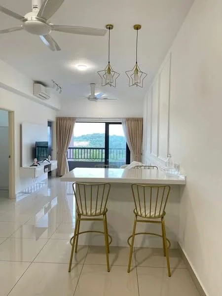 Kitchen features: white painted walls, glossy ceramic tile flooring, island countertop with white surface, golden bar stools, pendant lighting with star-shaped design, 5-blade ceiling fan, floor-to-ceiling windows, curtains, open layout to living area; style: modern; view: garden.