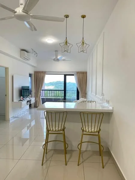 Kitchen features: white painted walls, glossy ceramic tile flooring, island countertop with bar seating, golden bar stools, pendant lighting with star-shaped design, 5-blade ceiling fan, floor-to-ceiling windows, curtains, view of greenery; style: modern; view: garden.