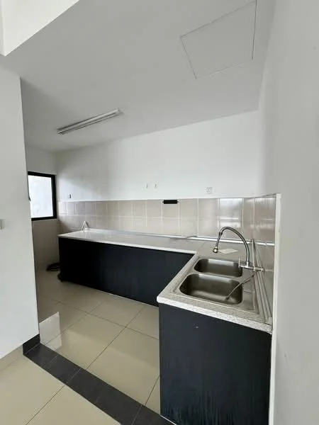Kitchen features: single-bowl stainless-steel sink, chrome pull-down faucet, granite countertop, black cabinetry, white tiled backsplash, ceramic tile flooring, fluorescent ceiling light, window with view to outside; style: modern.