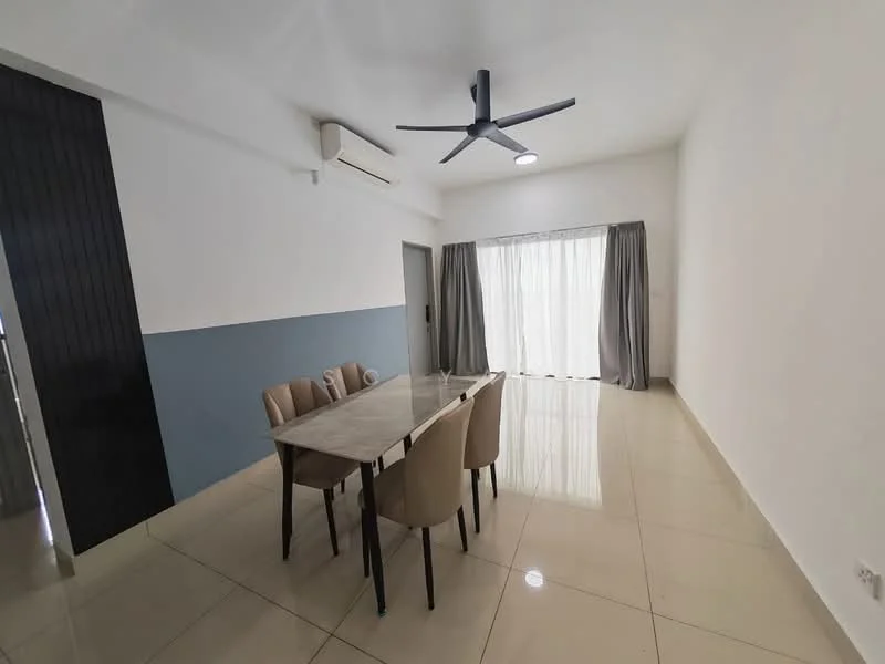 Dining features: marble dining table, 4 upholstered dining chairs, floor-to-ceiling windows, sheer curtains, grey accent wall, white painted walls, polished tile flooring, ceiling fan with light, wall-mounted split AC; style: modern.