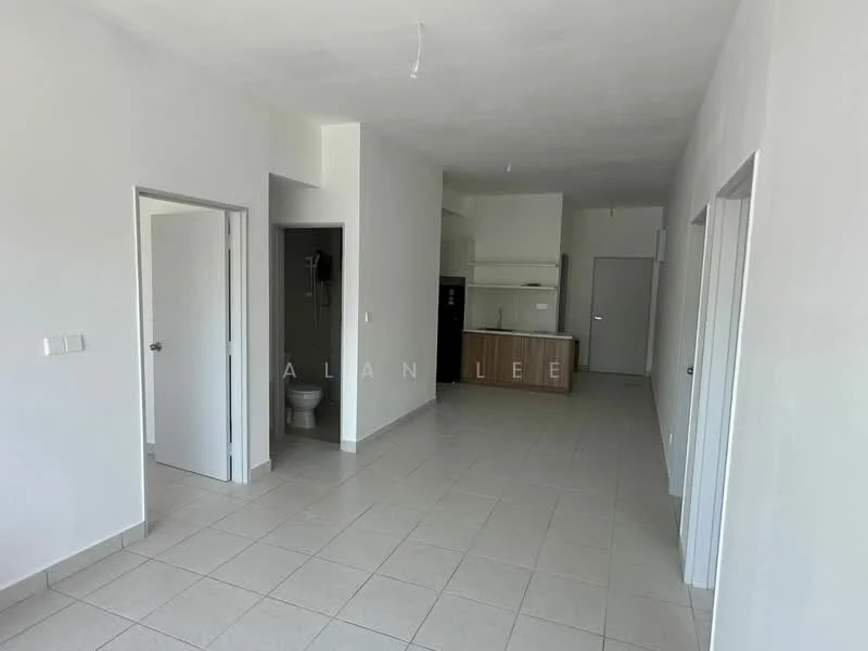 Living features: white painted walls, tile flooring, recessed ceiling lights, open layout, doorway leading to kitchen, doorway leading to bathroom, doorway leading to bedroom, large windows for natural light; style: modern. Bathroom features: toilet, shower area, white tiled walls, tile flooring. Kitchen features: kitchen cabinetry, countertop, stainless-steel fridge, built-in oven, open layout to living area; style: modern.