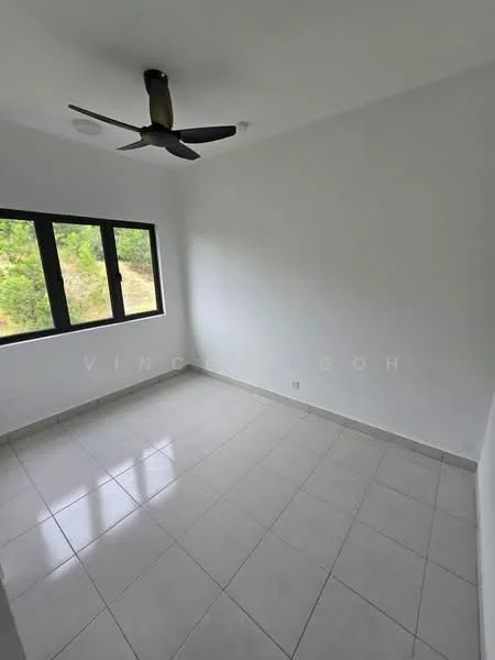 Room features: white painted walls, tile flooring, 5-blade ceiling fan, floor-to-ceiling windows, natural light from window, view of greenery outside; style: modern; view: garden.
