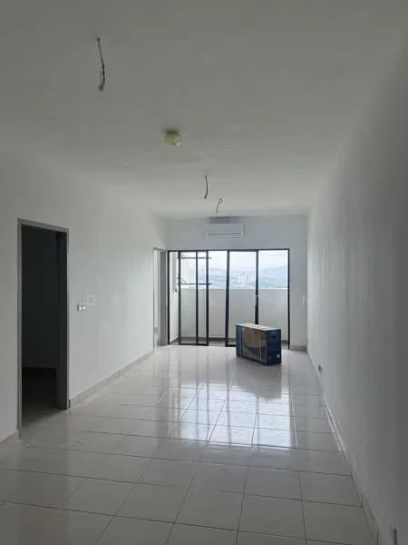 Room features: white painted walls, glossy ceramic tile flooring, floor-to-ceiling sliding glass door, 1 wall-mounted split AC, ceiling light fixture, open layout, no visible furniture, neutral color scheme; style: modern; view: city.