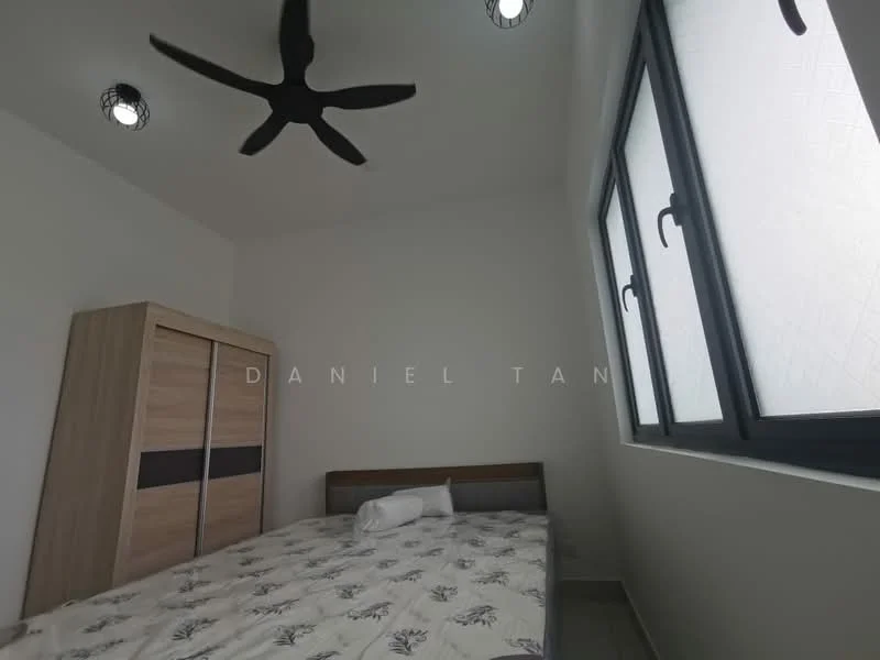 Bedroom features: queen-size bed, upholstered headboard, bedside pillow, wooden wardrobe with sliding doors, floor-to-ceiling windows, blackout curtains, ceiling fan with light, white painted walls, tile flooring; style: modern.