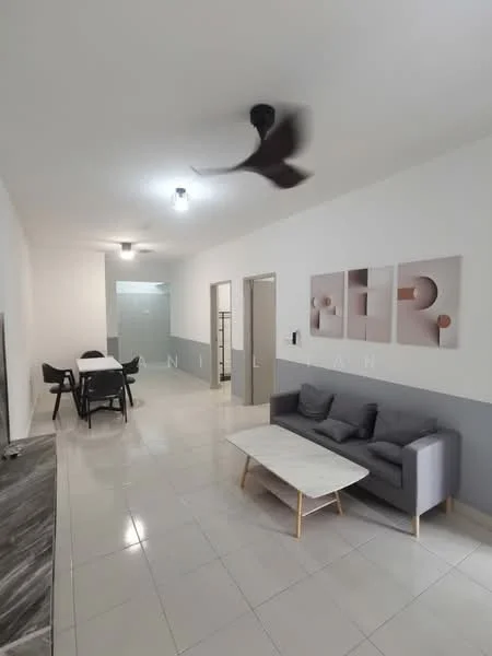 Living features: grey fabric sofa, marble coffee table, 3-blade ceiling fan, wall-mounted TV, white painted walls, grey accent wall, tile flooring, decorative wall art, area rug; style: modern. Dining features: 6-seater dining table, black dining chairs, white walls, tile flooring; style: modern.