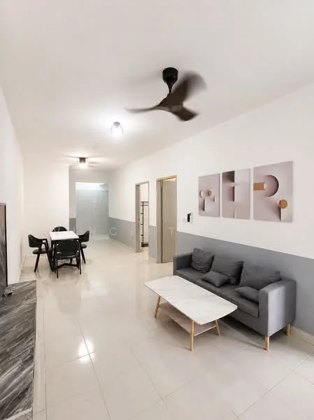 Living features: 3-seater fabric sofa in grey, coffee table with white top and wooden legs, wall-mounted TV, marble feature wall, 5-blade ceiling fan, recessed downlights, cream painted walls, tile flooring; style: modern. Dining features: 6-seater dining table, black dining chairs, white walls, tile flooring; style: modern.