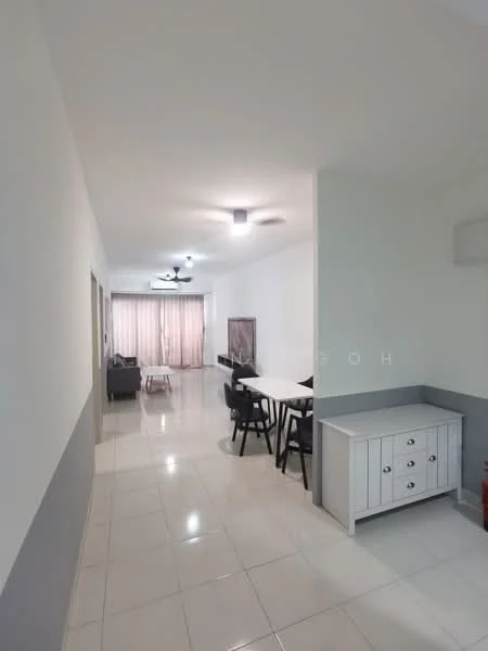 Living features: white painted walls, grey accent wall, glossy tile flooring, 5-blade ceiling fan with light, sofa in grey, dining table with chairs, curtains in light fabric, wall-mounted air conditioning unit, decorative sideboard; style: modern. Room features: white painted walls, glossy tile flooring.