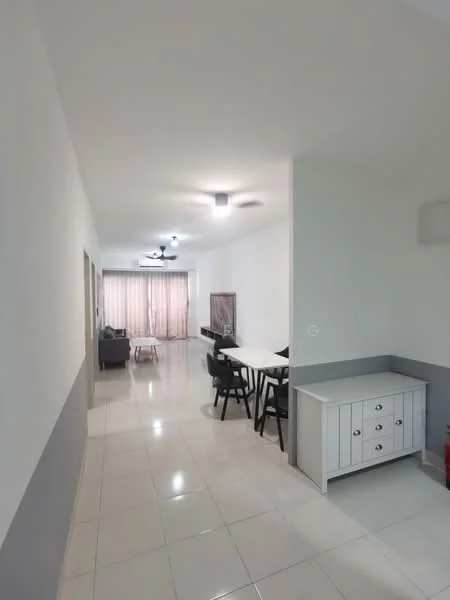 Room features: white painted walls, grey accent wall, glossy tile flooring, ceiling fan, recessed downlights, dining table with black chairs, sofa, curtains, console table, open layout; style: modern.