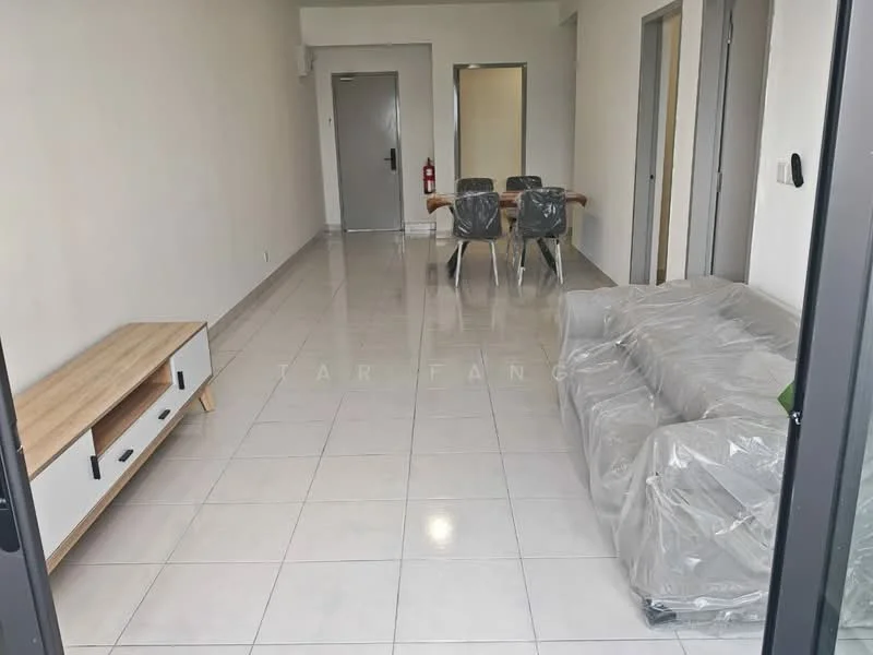 Living features: white painted walls, glossy tile flooring, sofa covered in plastic, wooden TV console, dining table with chairs, fire extinguisher on wall, door to hallway, door to kitchen, recessed lighting; style: modern.