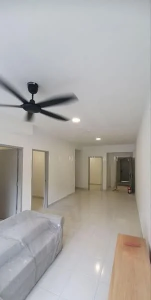 Living features: white painted walls, glossy ceramic tile flooring, 5-blade ceiling fan, recessed downlights, large windows, neutral color scheme, wooden console table, open layout; style: modern. Room features: white painted walls, glossy ceramic tile flooring, doors leading to other rooms.