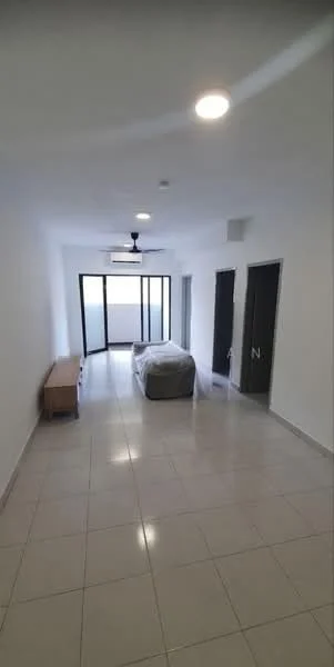 Room features: white painted walls, tile flooring, ceiling with recessed lighting, 5-blade ceiling fan, large sliding glass door, floor-to-ceiling windows, wooden sideboard, two doors, neutral color scheme; style: modern.