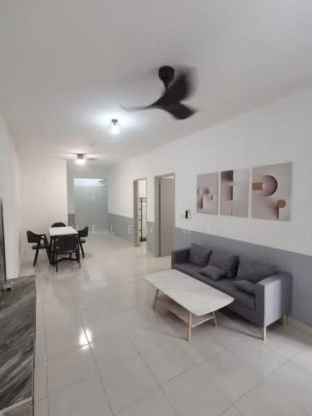 Living features: grey fabric sofa, marble coffee table, 3-blade ceiling fan, wall-mounted TV, light-colored tiled flooring, white painted walls, decorative wall art, open layout, dining area visible in background; style: modern.