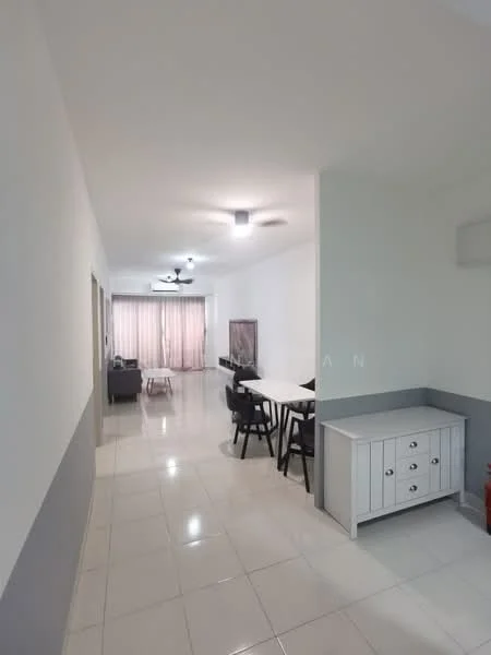 Room features: white painted walls, grey accent wall, glossy tile flooring, ceiling fan, recessed downlights, dining table with chairs, sofa, curtains, sideboard, open layout; style: modern.