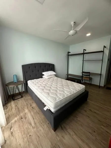 Bedroom features: queen-size bed, upholstered headboard, wooden flooring, ceiling fan, wall-mounted shelf, wooden chair, side table, decorative lamp, curtains, natural light from window; style: modern.