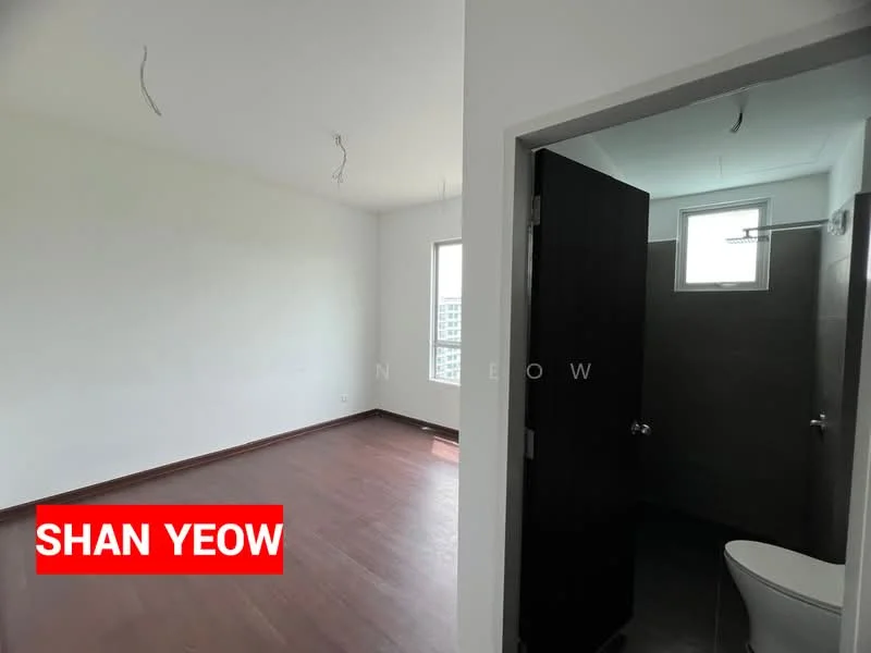 Room features: white painted walls, dark wood flooring, large window, doorway leading to bathroom, unfurnished space, ceiling with exposed wiring, neutral color scheme; style: modern.