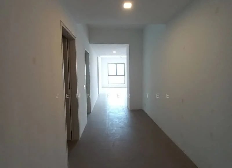 Room features: white painted walls, tile flooring, recessed downlights, doorway, window, hallway, neutral color scheme; style: modern.