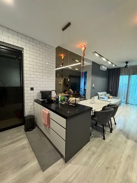 Kitchen features: black granite countertop, grey cabinetry, white subway tile backsplash, single-bowl stainless-steel sink, chrome pull-down faucet, built-in oven, freestanding range oven, recessed LED downlights, pendant lighting, open shelving, kitchen island, floor-to-ceiling windows, vinyl plank flooring, wall-mounted split AC; style: modern; view: city. Living features: sofa in light grey fabric, dining table with chairs, area rug, wall-mounted TV, ceiling fan, sliding glass door, curtains; style: modern; view: city.