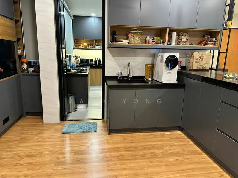 Kitchen features: grey cabinetry, black countertop, stainless-steel sink, chrome faucet, open shelving, wooden flooring, recessed downlights, kitchen appliances visible, doorway to utility area; style: modern.