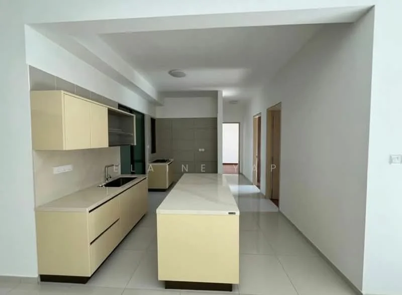 Kitchen features: light beige cabinetry, white countertop, single-bowl stainless-steel sink, chrome pull-down faucet, built-in oven, ceramic tile flooring, recessed downlights, open layout, wall-mounted cabinets, kitchen island with seating, grey tiled backsplash; style: modern. Room features: white painted walls, light grey tiled flooring, doorway leading to another room.