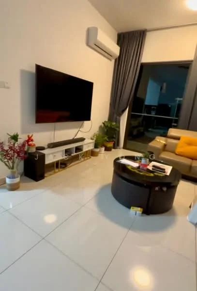Living features: white painted walls, glossy white tile flooring, 5-blade ceiling fan, wall-mounted TV, TV console in white, round coffee table in dark wood, beige leather sofa, yellow decorative cushion, curtains in grey, indoor plants in pots, floor-to-ceiling windows, balcony view; style: modern; view: city.