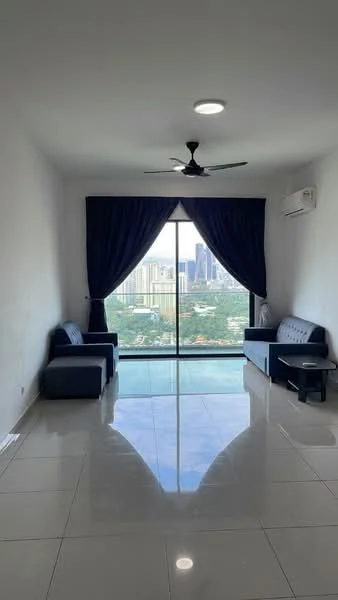 Living features: large floor-to-ceiling windows, grey fabric sofa, blue fabric sofa, black coffee table, white walls, white ceiling, recessed downlights, 5-blade ceiling fan, air conditioning unit, dark blue curtains, glossy tile flooring; style: modern; view: city.