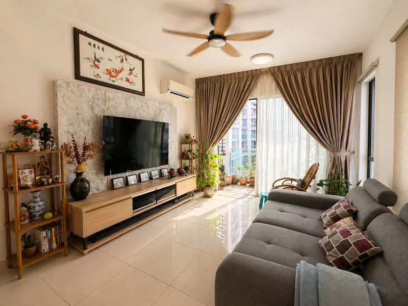 Living features: grey fabric sofa, decorative cushions, wooden TV console, wall-mounted flat-screen TV, marble feature wall, floor-to-ceiling windows, sheer curtains, recessed ceiling lights, 5-blade ceiling fan, wooden rocking chair, potted plants, decorative wall art, open shelving unit, ceramic decorative items; style: modern; view: garden.